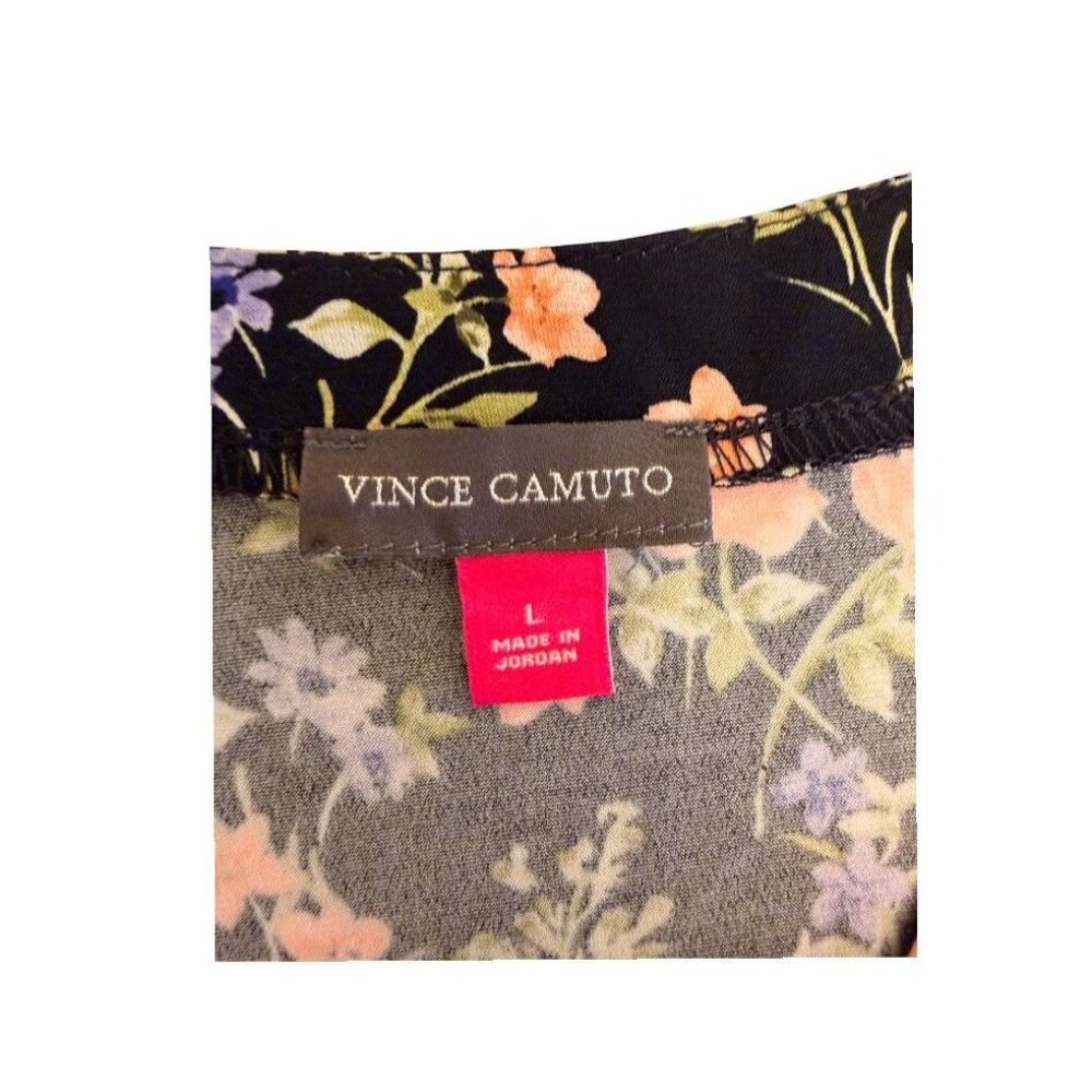 Vince Camuto Floral Print Womens Blouse L Black Multicolor Polyester 3/4 Sleeve - Picture 4 of 6